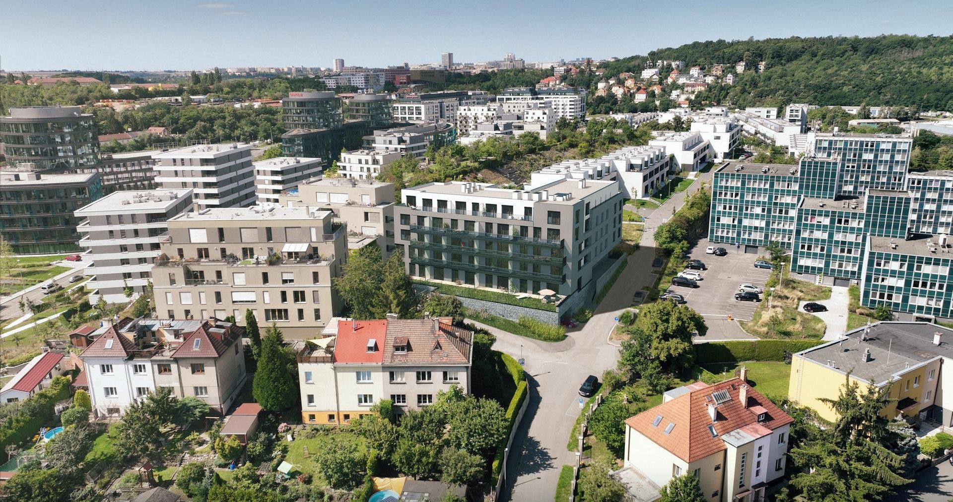 Letecký pohled na rezidenční projekt Radlická Vyhlídka v sousedství parku Waltrovka v Praze 5